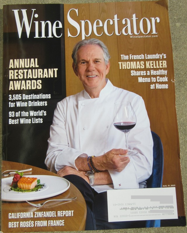 Wine Spectator Magazine Thomas Keller French Laundry Zinfandel Award Aug 31 2023