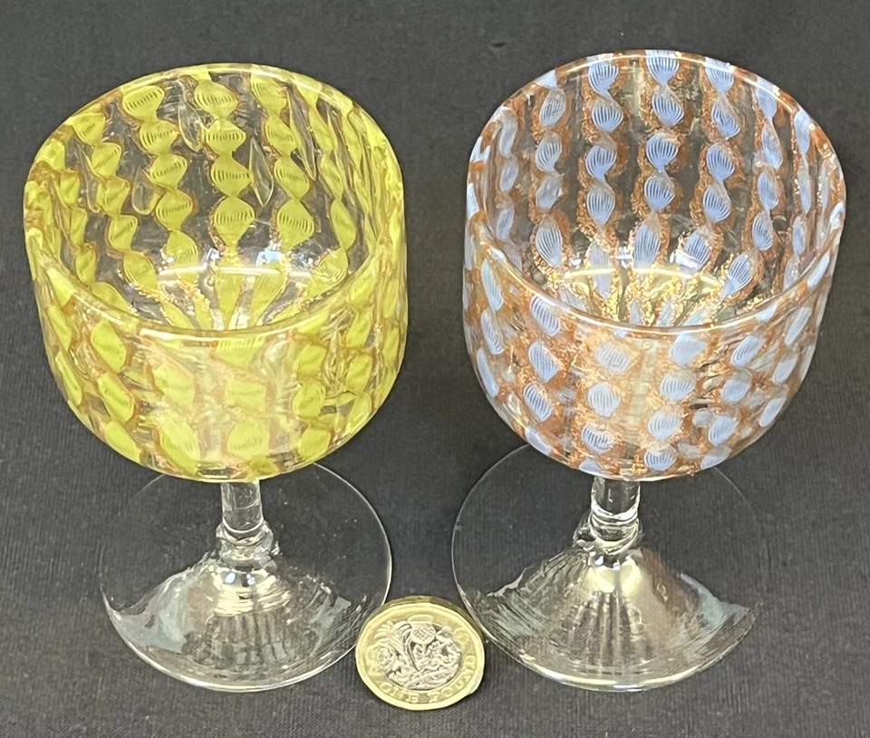 Pair Vintage Antique Salviati Murano Wine Glasses, Latticinio & Gold Aventurine - Image 2 of 4