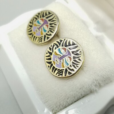 Vintage Laurel Burch Tiger Round Stud Enamel Earrings, Signed