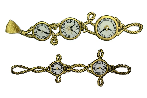 Unotrim Metallic Gold Time Clock Pocket Watch Chain Iron On Patch Motif Applique
