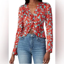 Love, Whit Silky Floral Long Sleeve Crop Top in Red and Teal Blue - XS