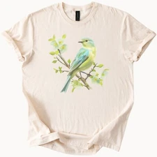 Blue and green songbird on spring branch floral nature graphic tee shirt