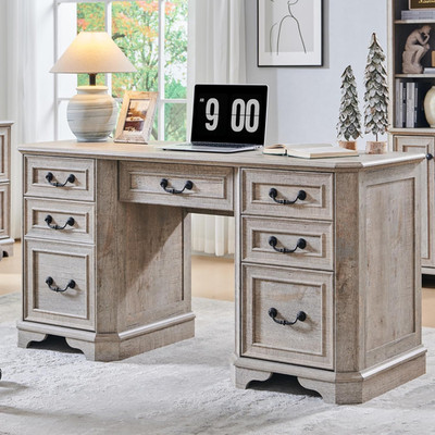 59'' Farmhouse Executive Desk with Drawers,Wood Home Office Computer Desk, Featur