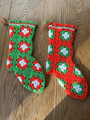 Vintage Lot of 2 Handmade Granny Square Crocheted Christmas Stockings 