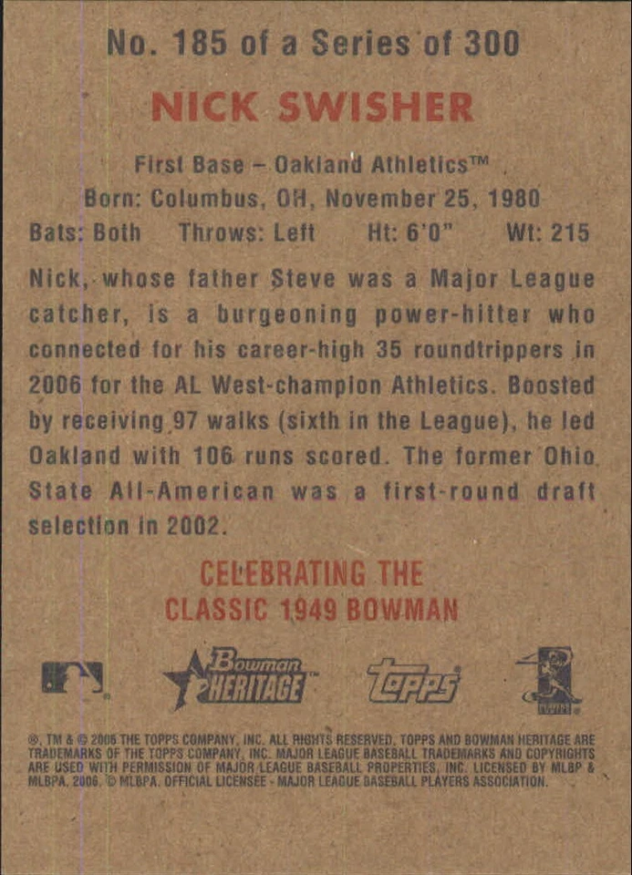 2006 Bowman Heritage Chrome #185 Nick Swisher - BB - Image 2 of 2
