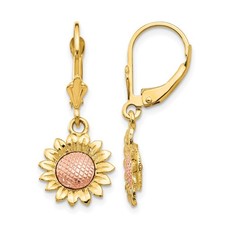 14K Two-tone Gold Polished Sunflower Dangle Leverback Earrings 2.51 g