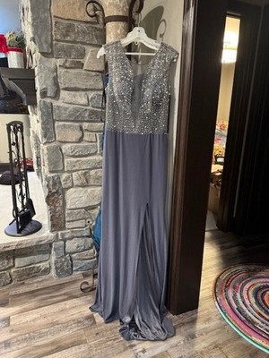 Milano E1865 Gray Pearl Beaded Gala Gown Dress sz 12 slight imperfections NWT