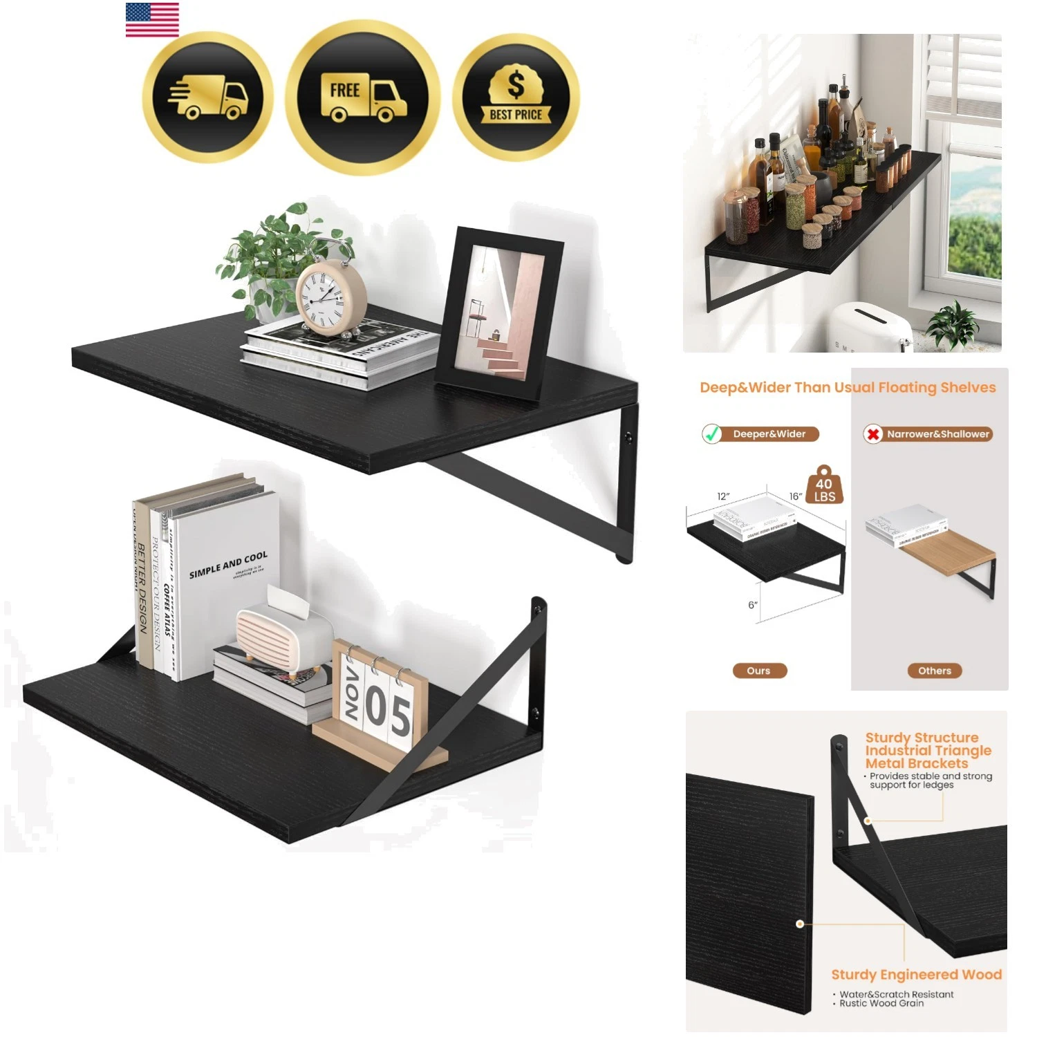 Black Deep Floating Shelves for Wall, 16W x 12D Wood Wall Shelves Set of 2, W...