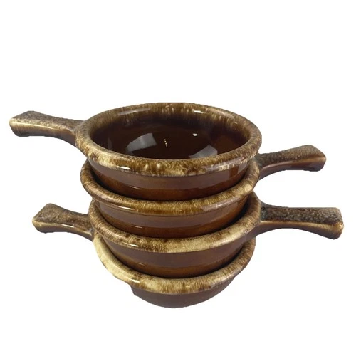 VTG Hull USA Soup Crocks W/ Handle Stoneware Brown Drip Glazed Pottery Set of 4