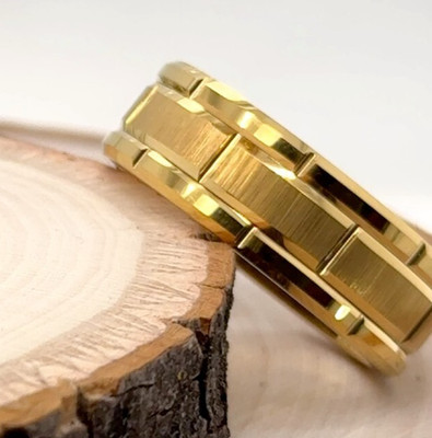 8mm Gold Tungsten Engraved Ring Brick Pattern Design Christmas Gift Band For His