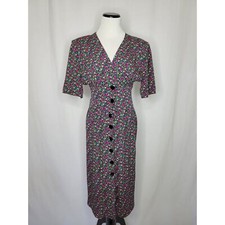 Valentino Vintage Size 6 100% Silk Floral Print Button Down Dress Italy 80s
