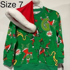 NEW Grinch Sweatshirt Kids 7 Christmas Shirt Long Sleeve Santa Hat Merry