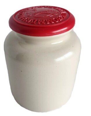 Vintage French Stoneware Mustard Pot Red Lid CROCK Moutarde De Meaux Pommery 