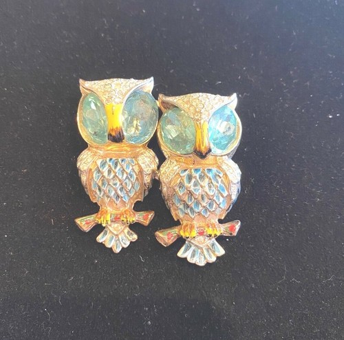 Rare Vtg Signed Coro Craft Enamel Duette Owl Sterling Silver Brooch Fur Clip