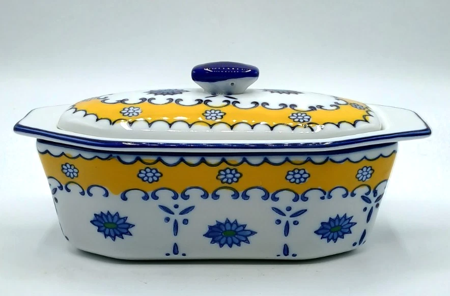 Vintage 3 PC Cook Street Butter Boat Blue Gold White Butter Keeper Ceramic