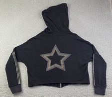 LAUREN MOSHI Full Zip Cropped Black Hoodie Multi Stripe Star Graphic Size XS EXC