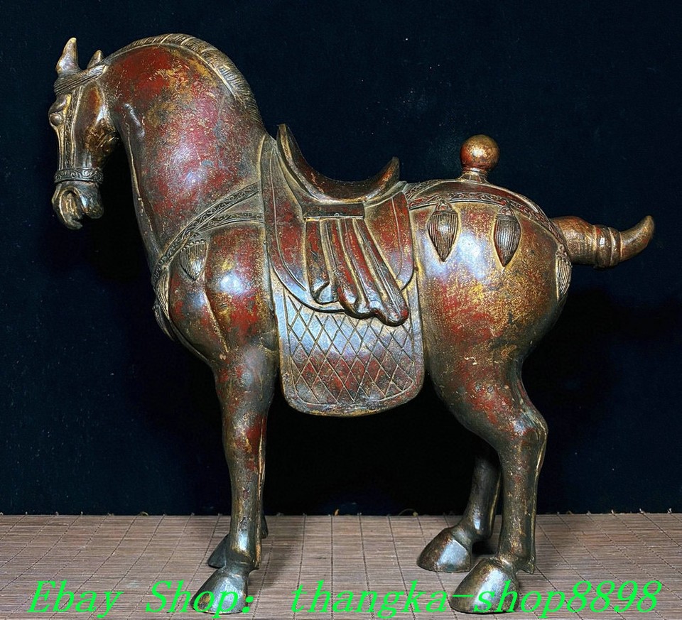 14.3"Old China Tang Dynasty Bronze Gilt Fengshui 12 Zodiac Year Horse