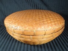 Vintage 1940'S CHINESE 16" ROUND WICKER SEWING BASKET - RARE GORGEOUS LARGE