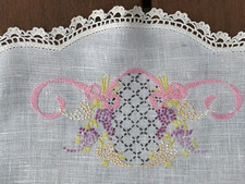 Wisteria Embroidered Table Topper Dresser Scarf 24" Round Linen Ribbon Bows