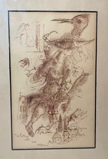 original 1968 signed Chaim Gross pen and ink drawing abstract surrealism sketch