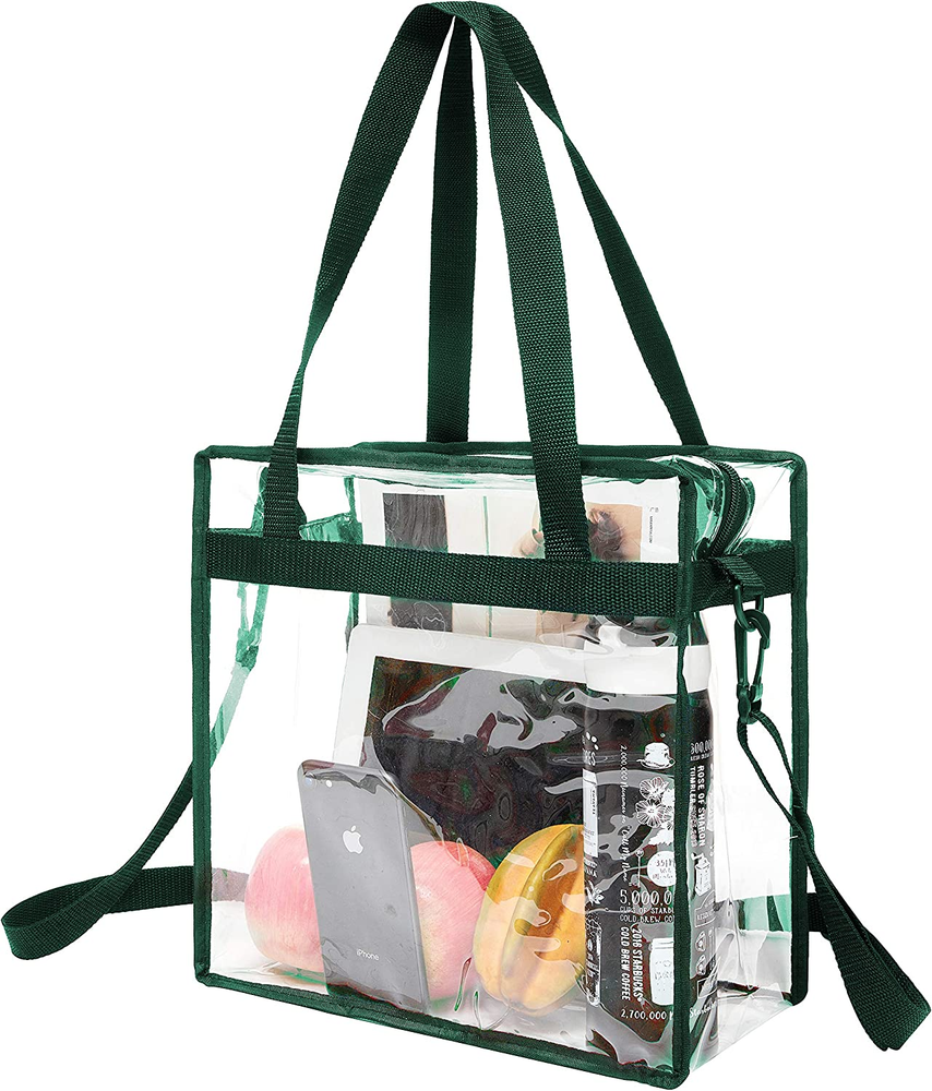 BAGAIL Clear Tote Bag, Stadium Approved, Green, 12x12x6in, Zipper, Adjustable