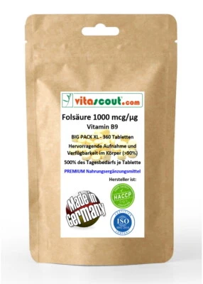 VITASCOUT_COM Folsäure 360 Tabletten a 1000mcg - Folic Acid - Vitamin B9 - 500% d Tagesbedarfs