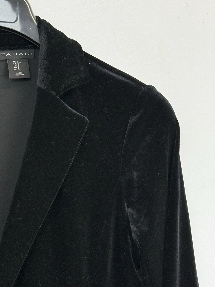 Blazer de terciopelo Tahari para mujer talla pequeña negro cuello un botón chaqueta elástica Foto 3 de 4