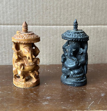 Vintage Hand-Carved Miniature Hindu Deity Statues (Ganesha), Wood Set of 2, 3.8"