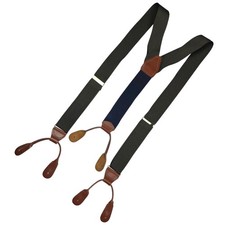 Vintage Olive Green Fabric Brown Leather Button Suspenders Blue Elastic Germany