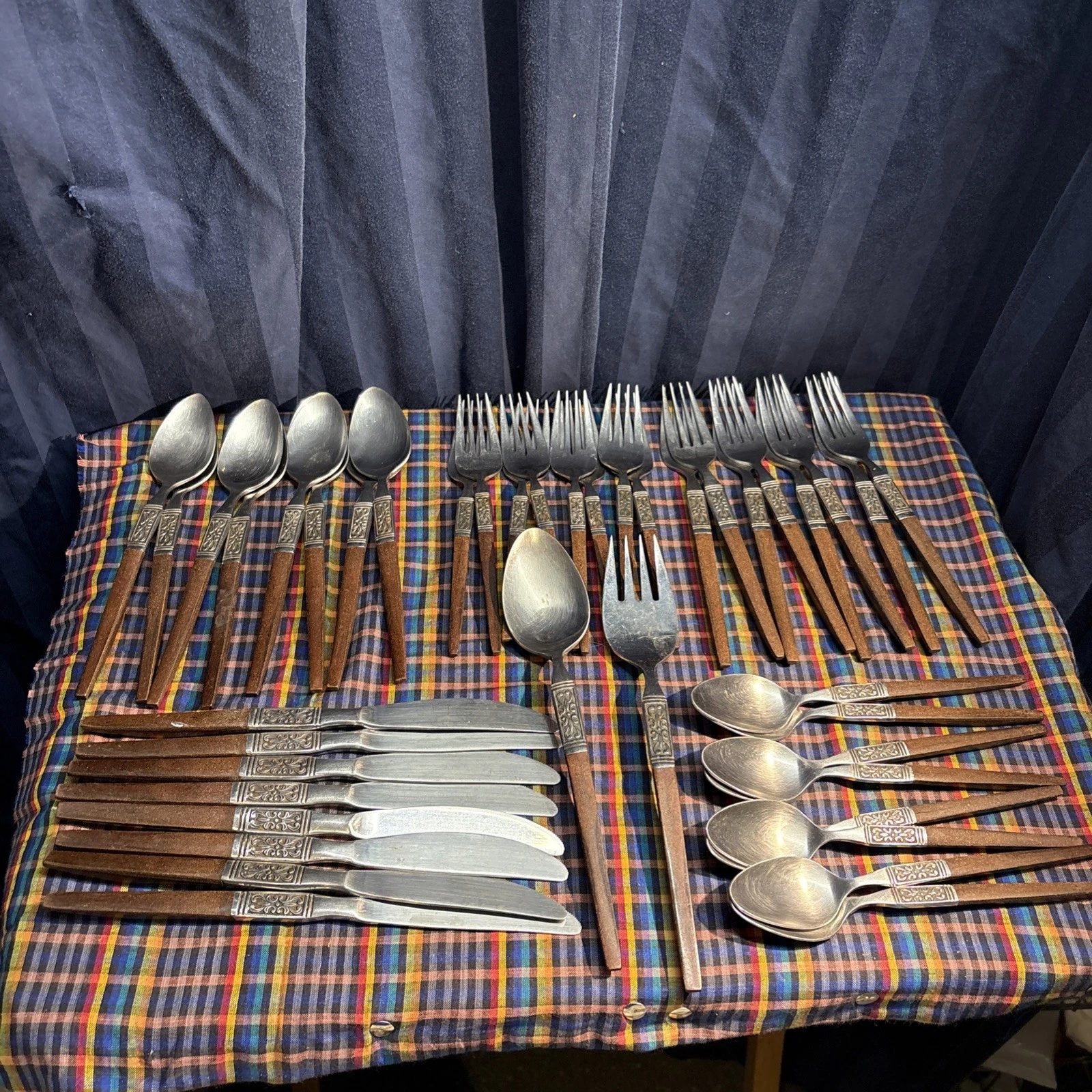 42 Pieces Interpur Stainless Steel Faux Wood Handle Japan Flatware VTG. Q4