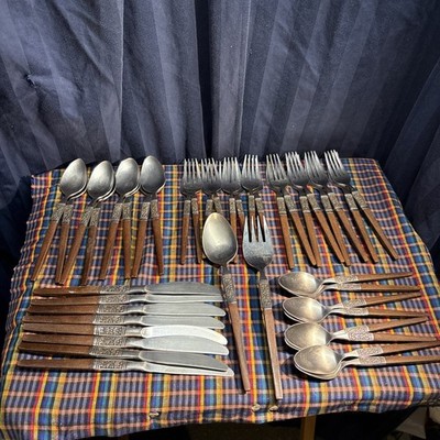 42 Pieces  Interpur Stainless Steel Faux Wood Handle Japan Flatware VTG.  Q4