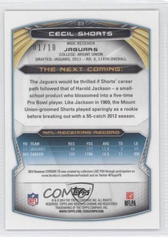 2014 Bowman Chrome Prism Refractor /10 Cecil Shorts #89 - Image 2 of 2