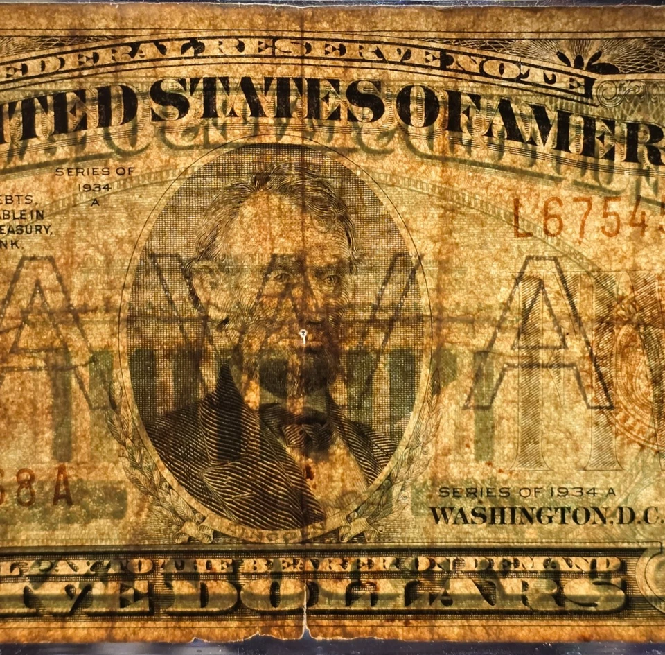 1934 A Hawaii $5 Federal Reserve Note WWII Emergency Issue - Image 3 of 3