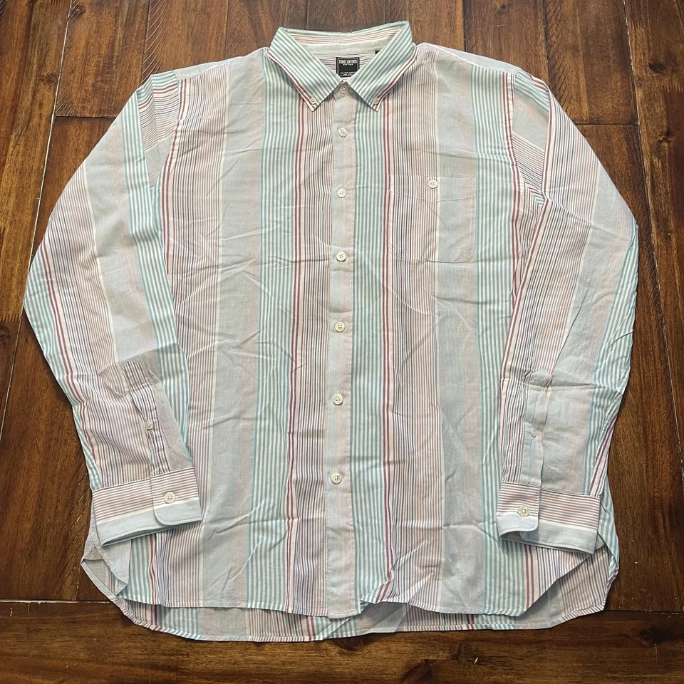 Camisa masculina Todd Snyder 2XL azul listra vermelha botão para baixo algodão feita em Portugal - Imagem 2 de 4