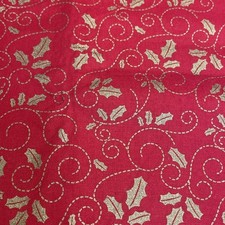 Christmas Gold Holly Leaves On Red Cotton Fabric 1 Yard x 44 New
