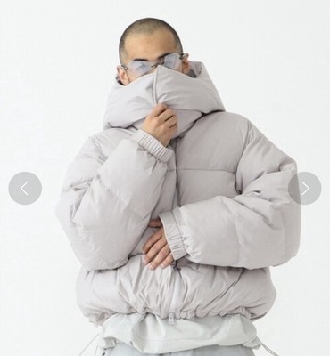 BEAMS Hooded Puffer Jacket (Light Gray, High Neck)   Men's Size M