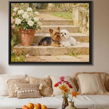Dipinto olio floreale di Yorkshire Terrier e cane maltese tela arte da parete