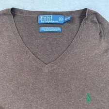 Polo Ralph Lauren Brown 100 Pima Cotton V-Neck Sweater Mens XL Green Pony Logo