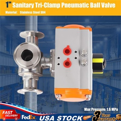 Three way L-port Tri-Clamp Pneumatic Ball Valve 1'' Sanitary Stainless 304 NEW