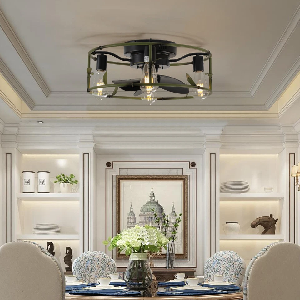 Luz de ventilador de techo 19 pulgadas enjaulada verde montaje empotrado con kit de control remoto granja Foto 4 de 4