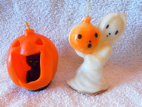 2 Vintage Gurley Halloween Kerzen schwarze Katze im Kürbis Geist mit JOL - unbeleuchtet - sehr guter Zustand