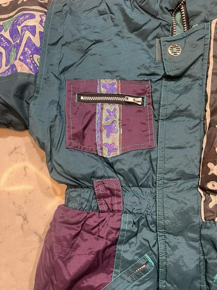 Vintage 80s Retro Kids One Piece Ski Suit Teal Purple Patterned Snow Suit Size 4 - Image 4 of 4