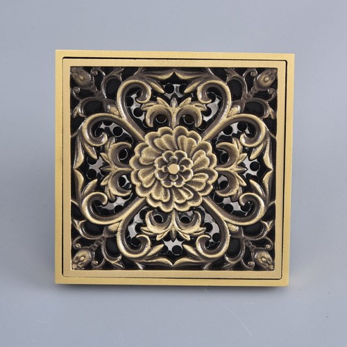 Antique Brass Flower Carved Art Square Drain Bathroom Shower Waste Drainer hr122 - Picture 5 of 8