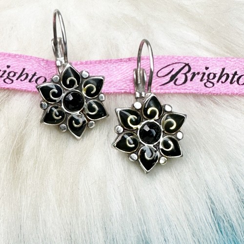 Brighton Garden of Eden Black Crystal Flower Hook Drop Silver Plate Earrings - Picture 5 of 6