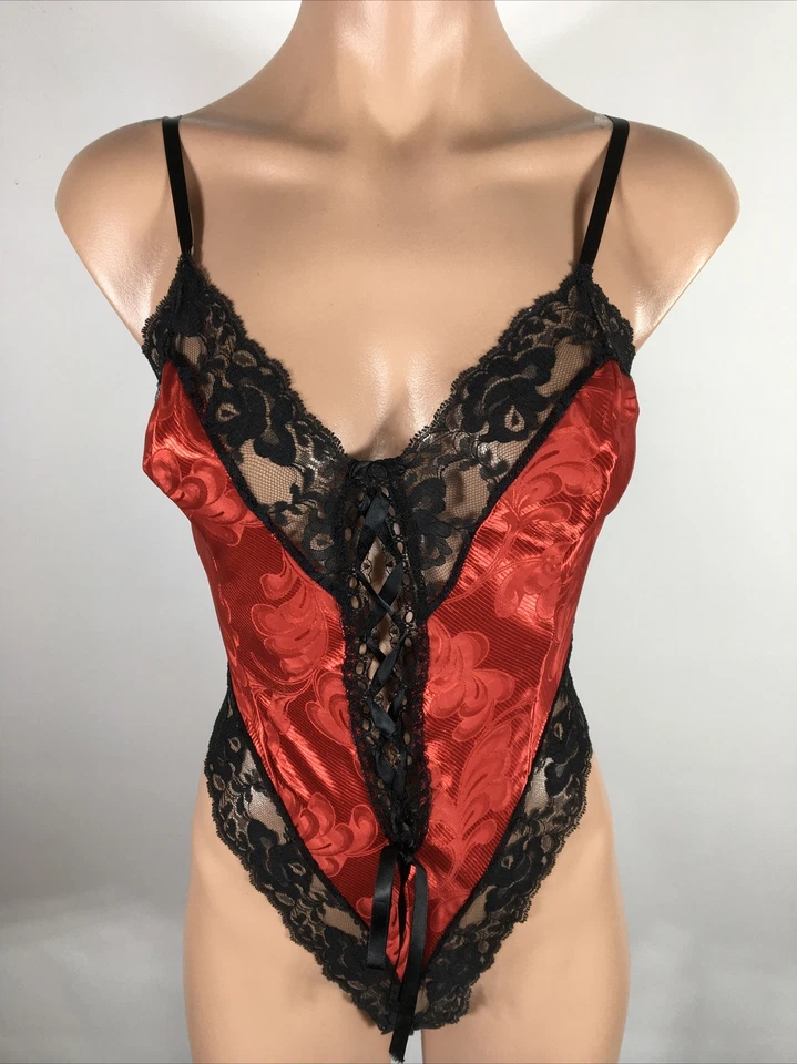 De Colección Rojo Negro Aspecto Húmedo Satinado Teddi Corte Alto Peluche Mameluco Body Lencería Años 90 S Foto 3 de 4