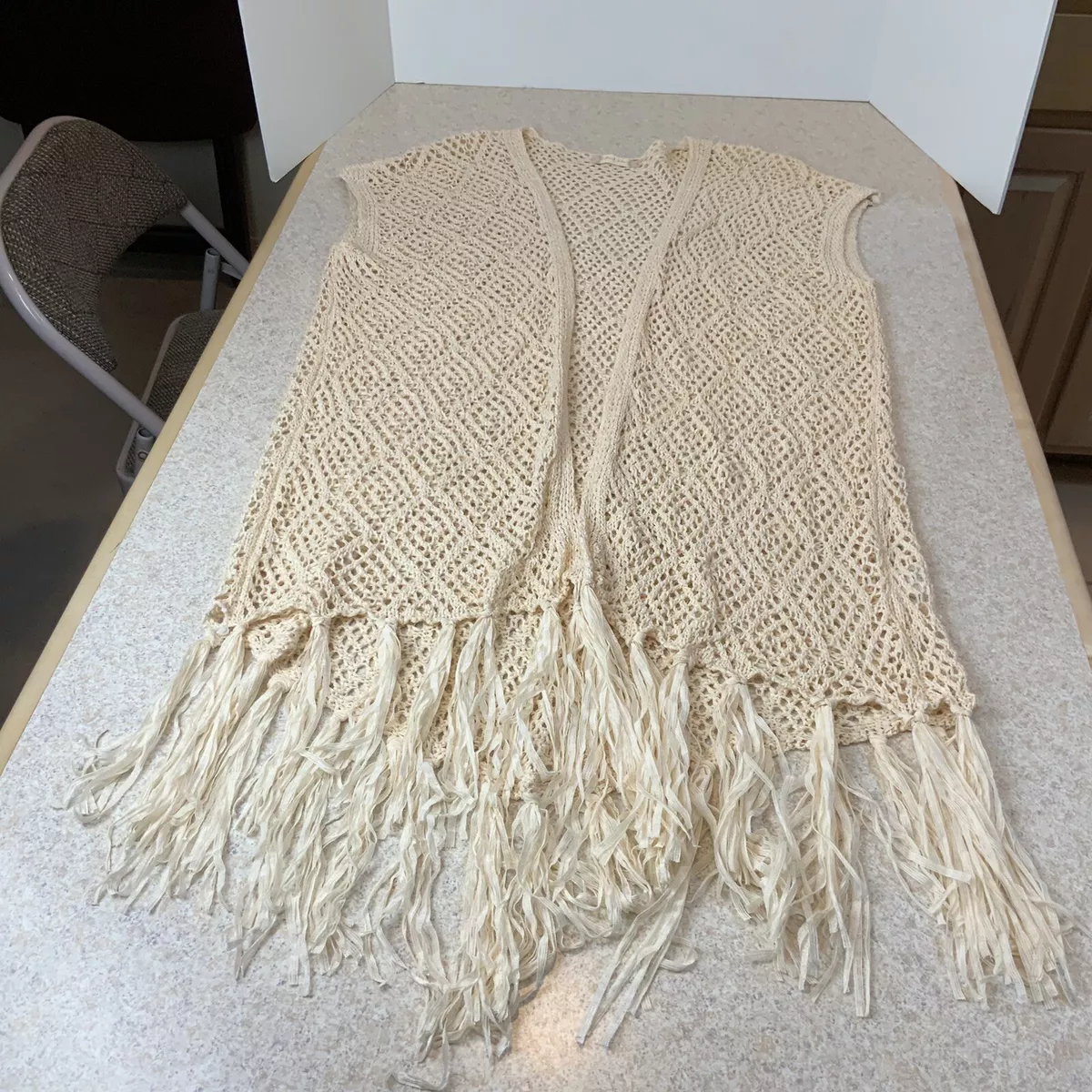 Altar d State Cream Crochet Boho Hippie Long Open Duster Vest