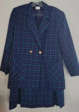 Vtg Eva Late 70s Early 80s Womens Wool Blend Blazer And Skirt Navy Multi Sz 9/10