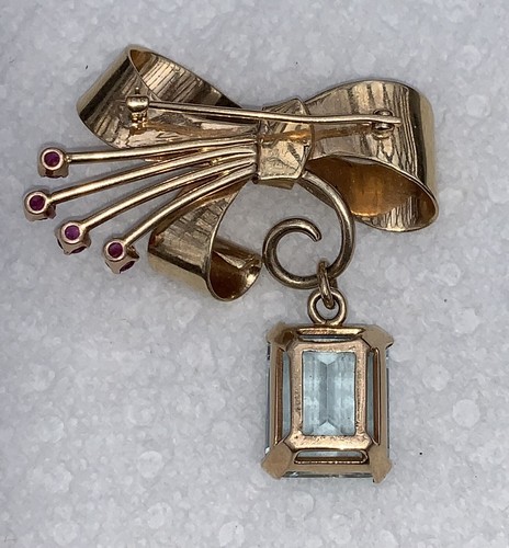 AMAZING VINTAGE 14K YG/RUBY/13 CT AQUAMARINE/DANGLE BOW PIN+APPRAISAL! - Picture 4 of 12