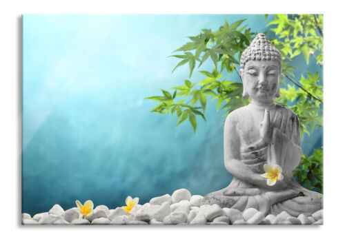 Buddha auf Steinen mit Monoi Blüte Glasbild aus Echtglas, inkl. Wandhalterung - Bild 1 von 7