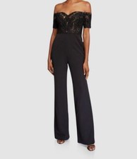  950 Badgley Mischka Women's Black Off-the-Shoulder Lace Corset Jumpsuit Sz 0